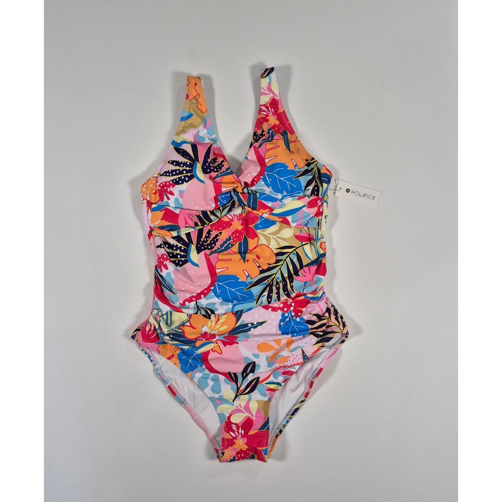 Holipick Women Multi Color Tropical Floral Ruched One Piece Swimsuit NWT